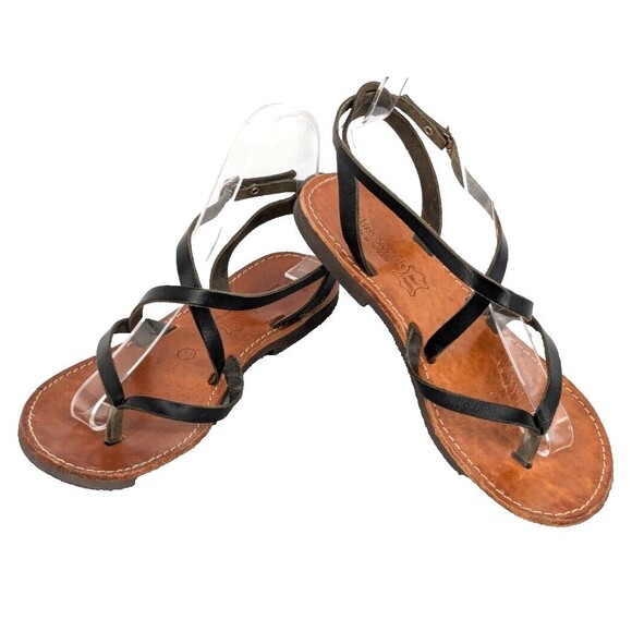 Tsakiris Sandals EU38 US7.5 Black Leather Strappy Made in Greece - Picture 1 of 10